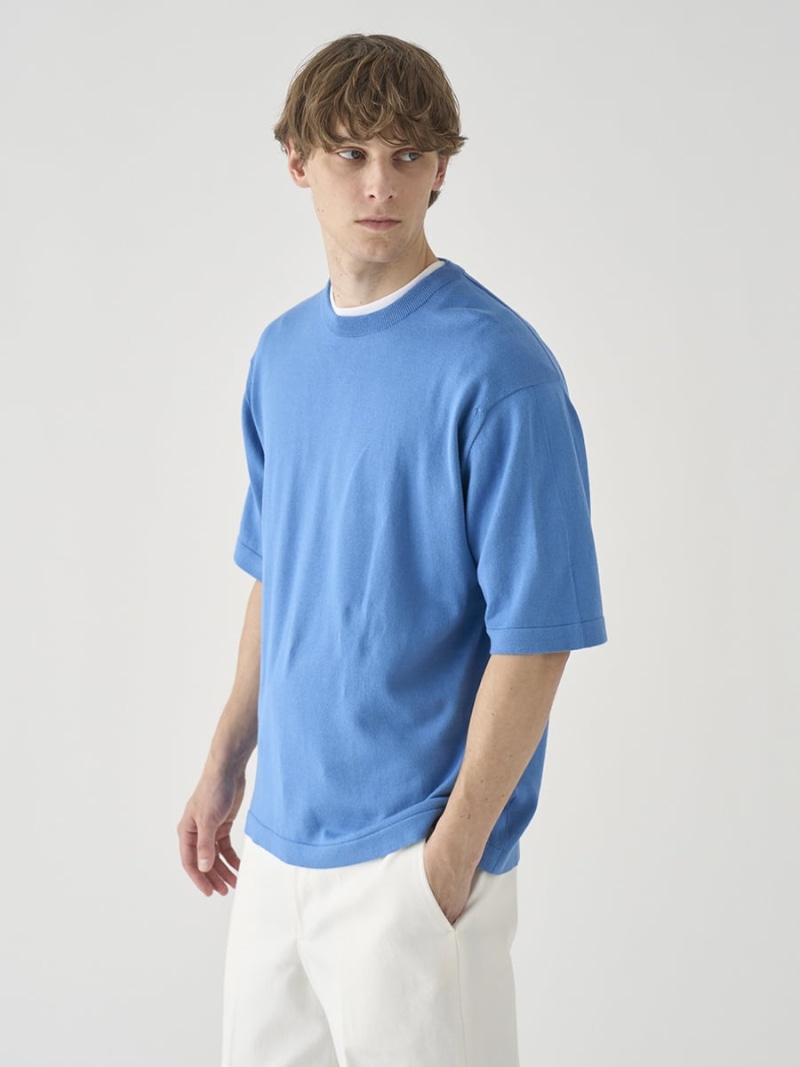 【SALE／20%OFF】JOHN SMEDLEY ウェルトヘム半袖綿織物編み物プルオーバー ｜ TINDALL ｜ 24G ジョンスメドレー トップス 編み物 青味【RBA_E】【貨物輸送無料】