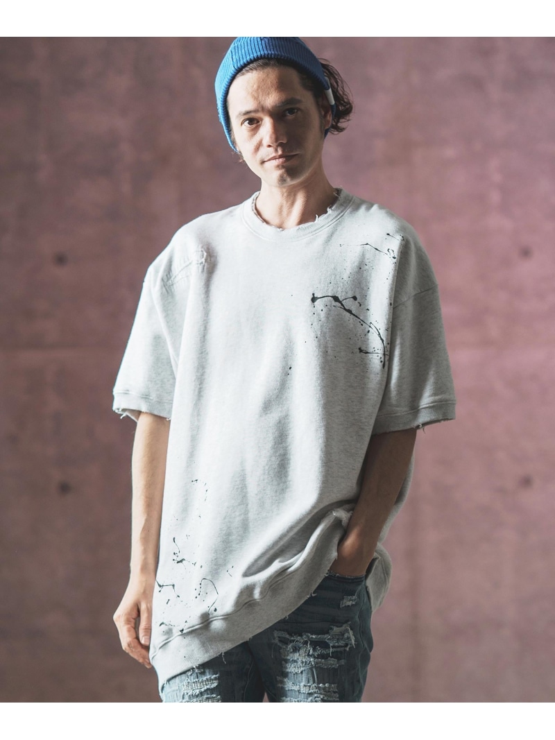 GLIMCLAP msw1451- Distressed short-sleeve sweatshirt スウェット カンビオ トップス スウェット・トレーナー ブラック ホワイト グレー【送料無料】｜ Fashion Men