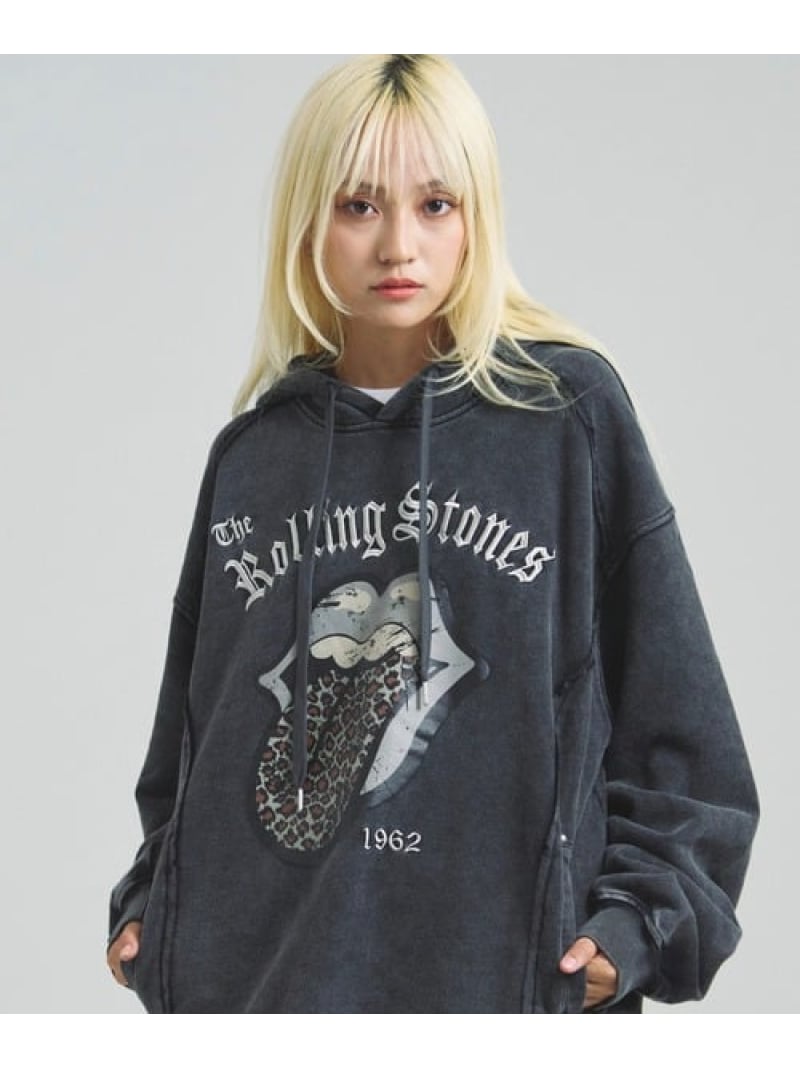 The Rolling Stones 【The Rolling Stones×JACKROSE】 Lips\u0026Tongue ヒョウ柄うつり変わりプルパーカー(MENS) 手玉サクラ色 トップス スウェット・トレーナー 黒いこと 赤銅色【貨物輸送無料】