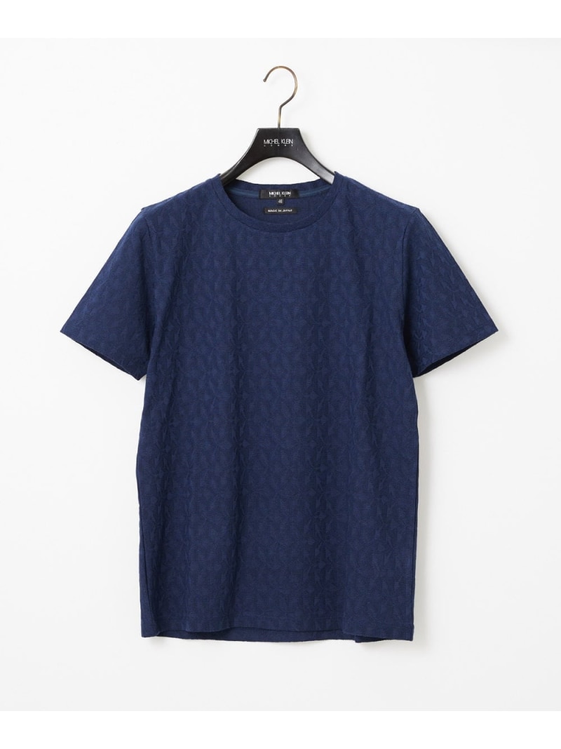【SALE／20%OFF】MICHEL KLEIN HOMME 幾何学柄クルーネック半袖カットソー ミッシェルクランオム トップス カットソー・Tシャツ ホワイト ネイビー【RBA_E】【送料無料】
