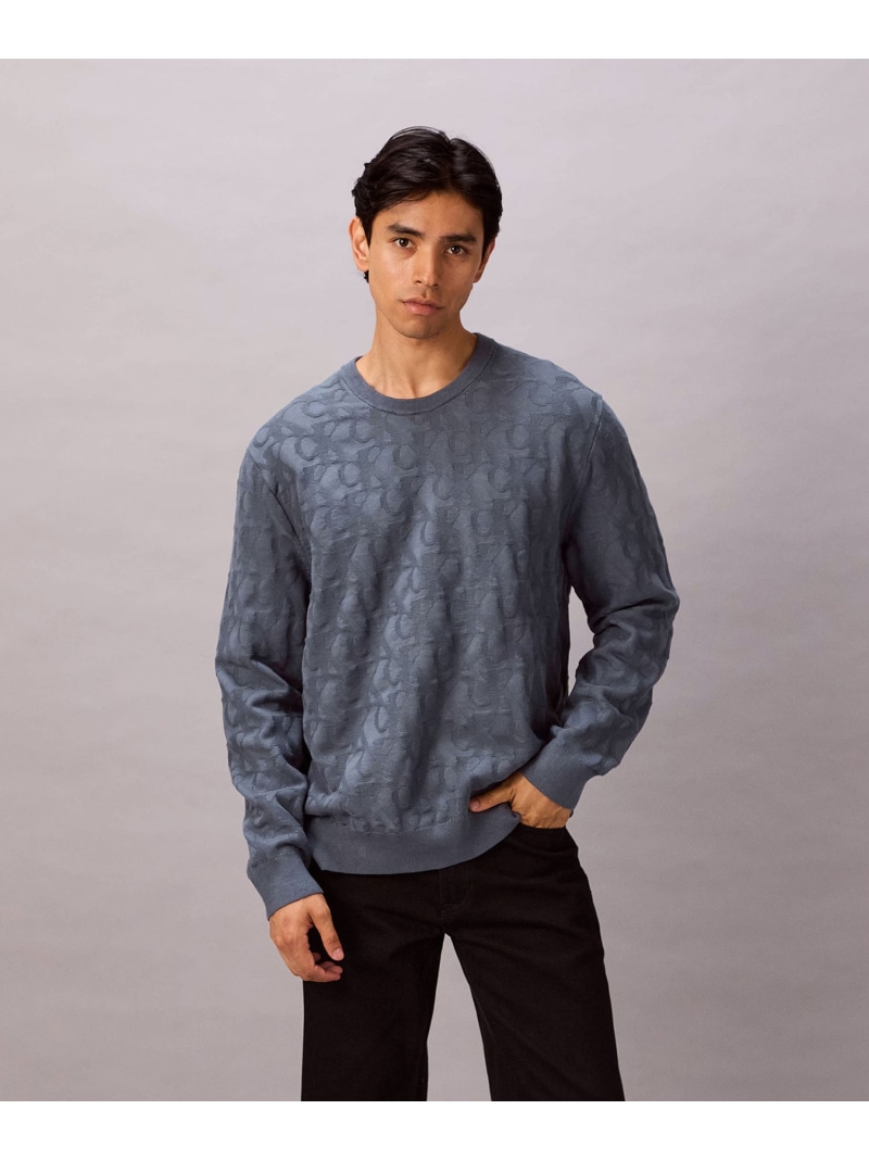 【SALE／20%OFF】Calvin Klein Jeans Calvin Klein Jeans/(M)【公式ショップ】 カルバンクライン ニット - ロングスリーブコットントーナルオールプリントセーター Calvin Klein Jeans 4RE398G カルバン・クライン トップス ニット ホワイト ネイビー 【RBA_E】【送料無料】