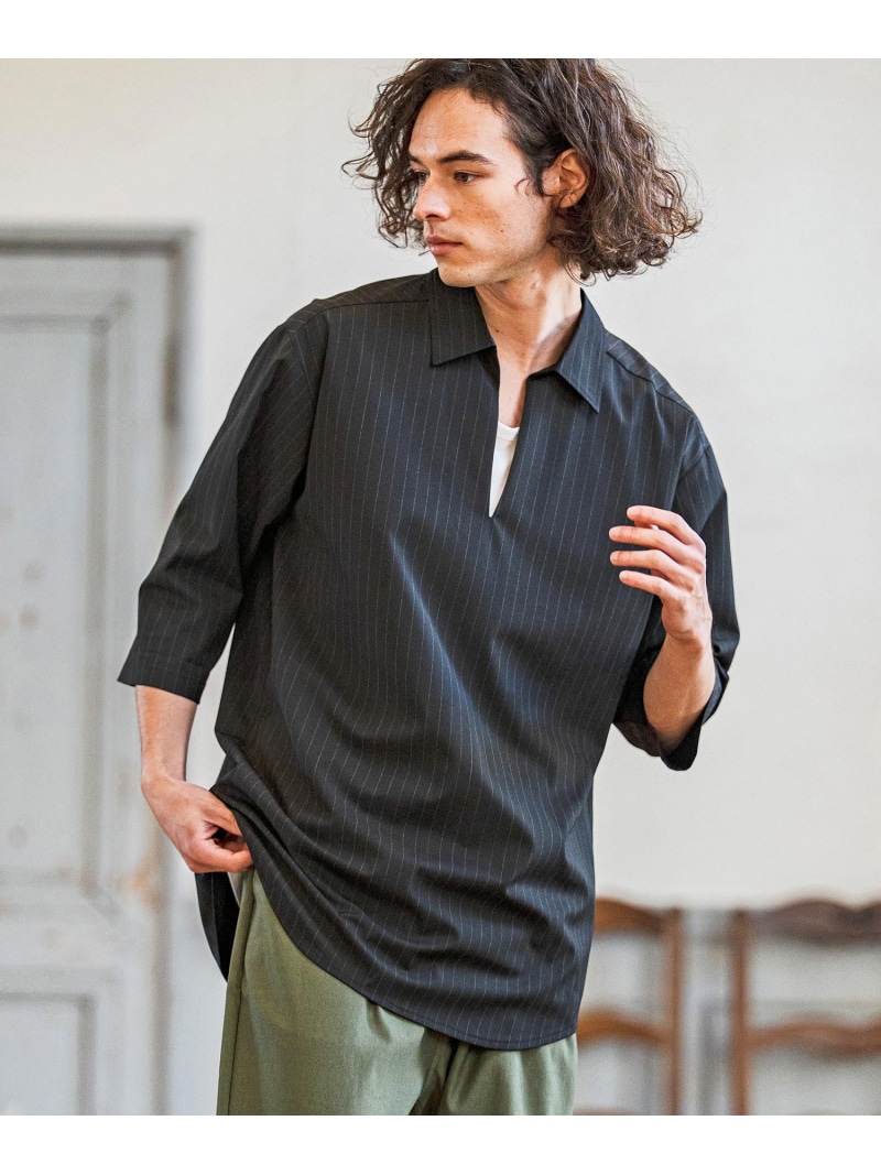 CAMBIO ms6422-Classic Pinstripe Skipper 3-4 Sleeve Pullover Shirts 七分袖プル カンビオ トップス シャツ・ブラウス グレー ブラック【送料無料】｜ Fashion Men