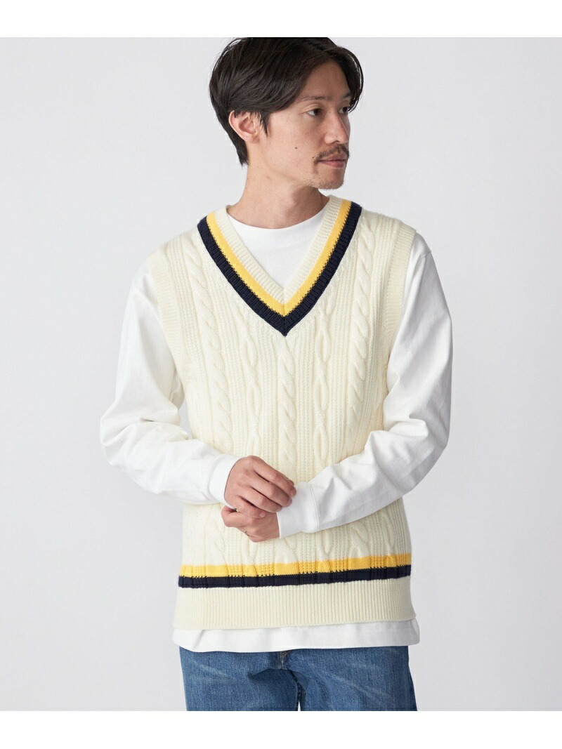 【SALE／60%OFF】SHIPS MEN SHIPS: 奥山メリヤス チルデン ニット ベスト シップス トップス ベスト・ジレ ネイビー ホワイト【RBA_E】【送料無料】