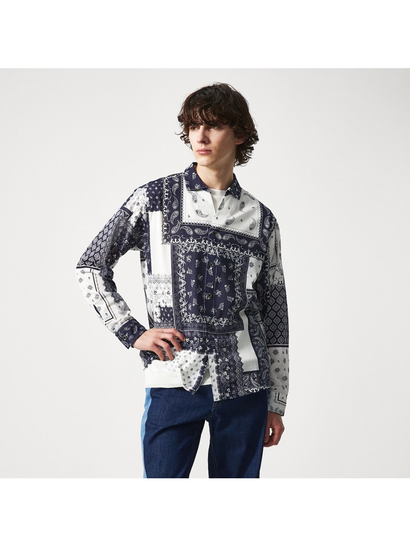 【SALE／25%OFF】5351POUR LES HOMMES アズレージョプリント 長袖シャツ / ペイズリー柄 ゴーサンゴーイチプールオム トップス シャツ・ブラウス ブラック ネイビー【RBA_E】【送料無料】