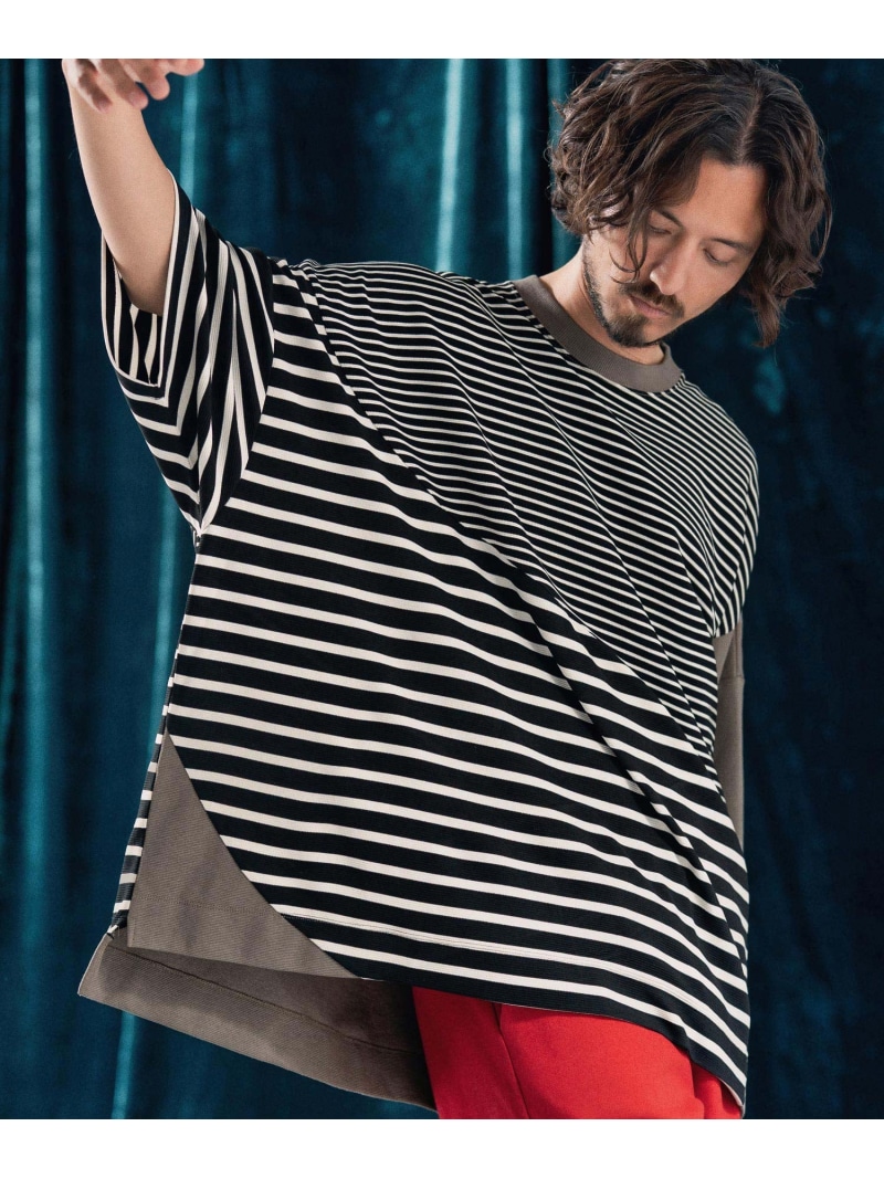 ANGENEHM mt9525-Ripple fabric switching design oversized T-shirt プルオーバー カンビオ トップス カットソー・プルオーバー【貨物輸送無料】
