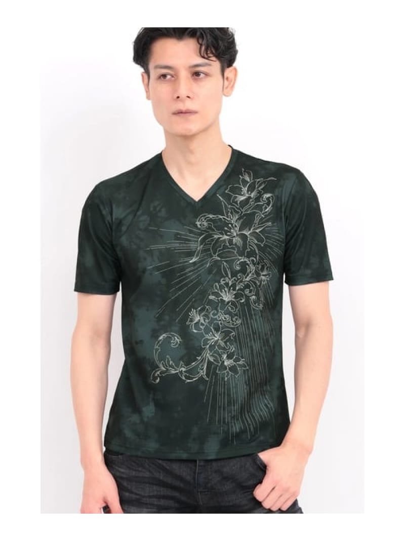 TORNADO MART TORNADO MART∴ムラ転写リリー刺繍風プリントTシャツ トルネードマート トップス カットソー・Tシャツ グレー ブルー【送料無料】