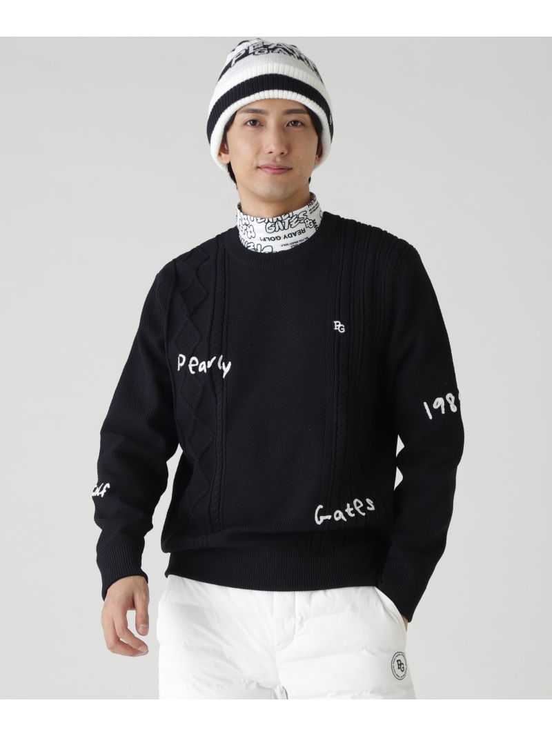 PEARLY GATES 7Gアラン柄×刺しゅう手当たり次第編みクルーネックニットプルオーバー パーリーゲイツ トップス 編み物 白いこと 米国海軍【貨物輸送無料】