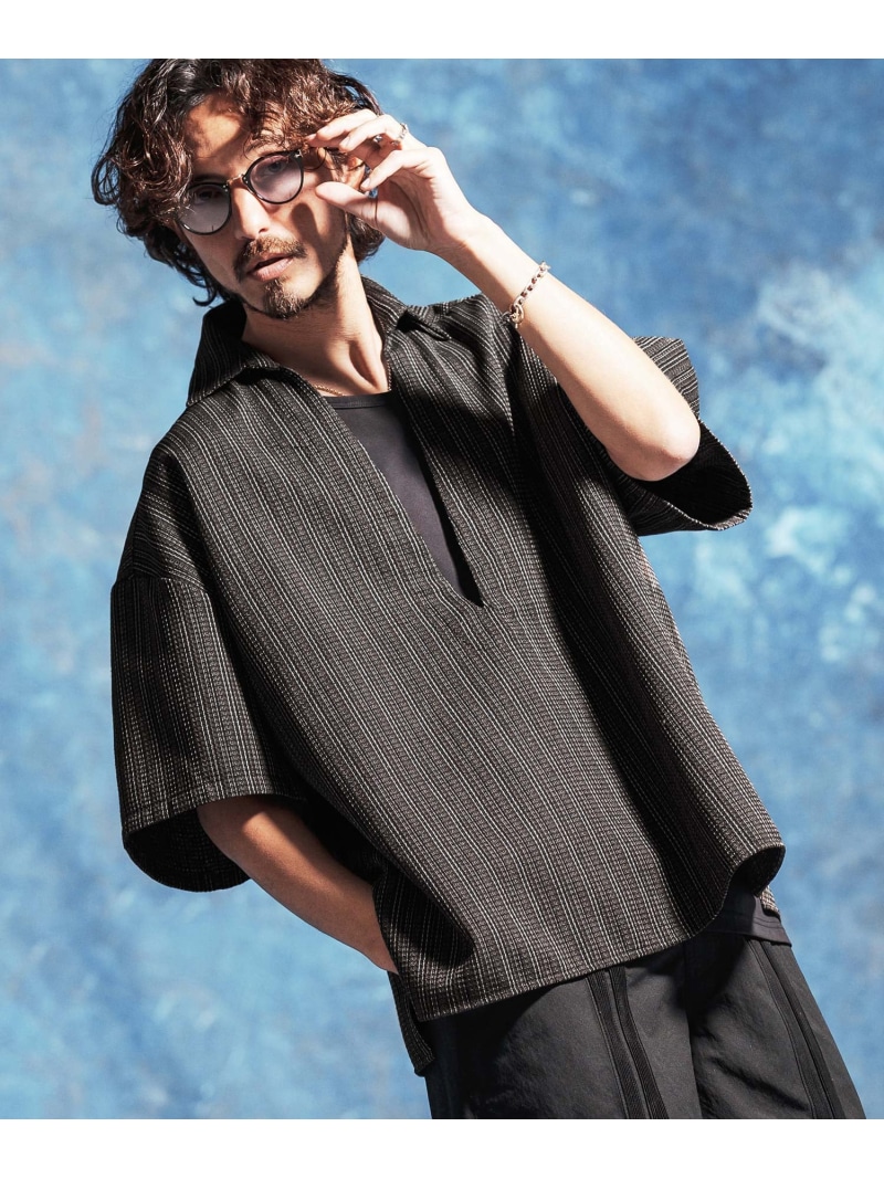 Jih Nunc mhs2527-コットンリネンディープスキッパージャガードシャツ カンビオ トップス シャツ・ブラウス ブルー ブラウン【送料無料】｜ Fashion Men