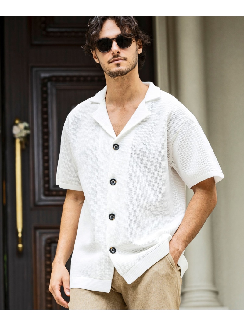 【SALE／10%OFF】1PIU1UGUALE3 RELAX 1PIU1UGUALE3 RELAX ニットオープンカラーシャツ 【Safari掲載】 シフォン トップス シャツ・ブラウス ホワイト ブラック【RBA_E】【送料無料】｜ Fashion Men