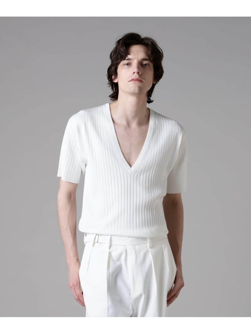 【SALE/40%OFF】NANO universe 「ASSEMBLANC」ウォッシャブルシルクワイドリブVネックニットTシャツ ナノユニバース トップス カットソー・Tシャツ ブラック ホワイト【RBA_E】【送料無料】| Fashion Men