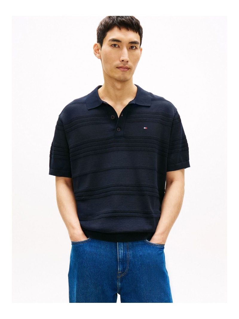 TOMMY HILFIGER コットンブレンドショートスリーブポロニット トミーヒルフィガー トップス 編み物 米国海軍 白いこと【貨物輸送無料】 トップス-メンズファッション-ニット・セーター