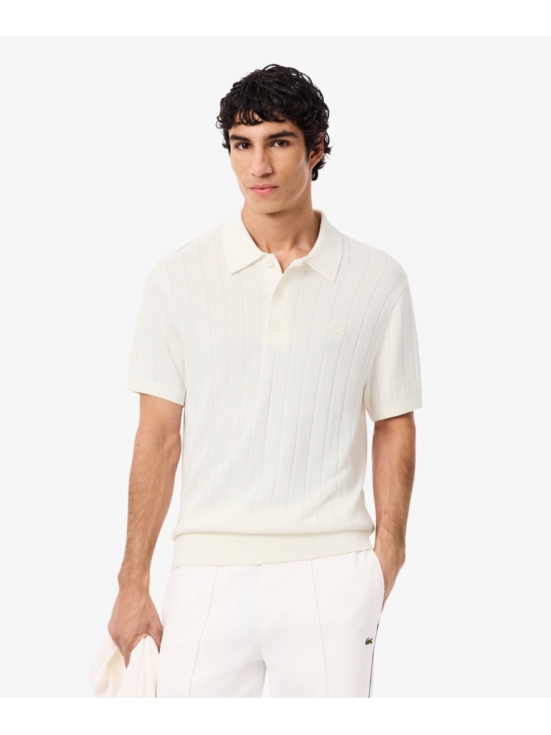 【SALE／40%OFF】LACOSTE ハイゲージリブニットポロシャツ ラコステ トップス ニット ホワイト グリーン【RBA_E】【送料無料】