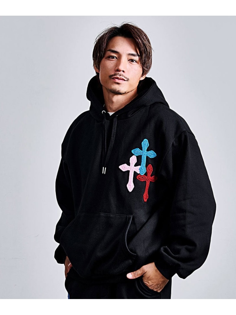 CavariA CavariA 極太糸クロス刺繍パーカー シルバーバレット トップス パーカー・フーディー グレー ブラック【送料無料】｜ Fashion Men