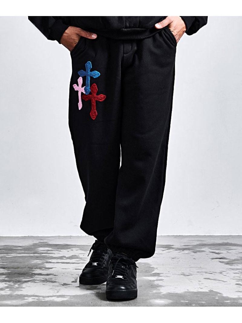 【SALE／5%OFF】CavariA CavariA 極太糸クロス刺繍パンツ シルバーバレット パンツ ジャージ・スウェットパンツ グレー ブラック【RBA_E】【送料無料】