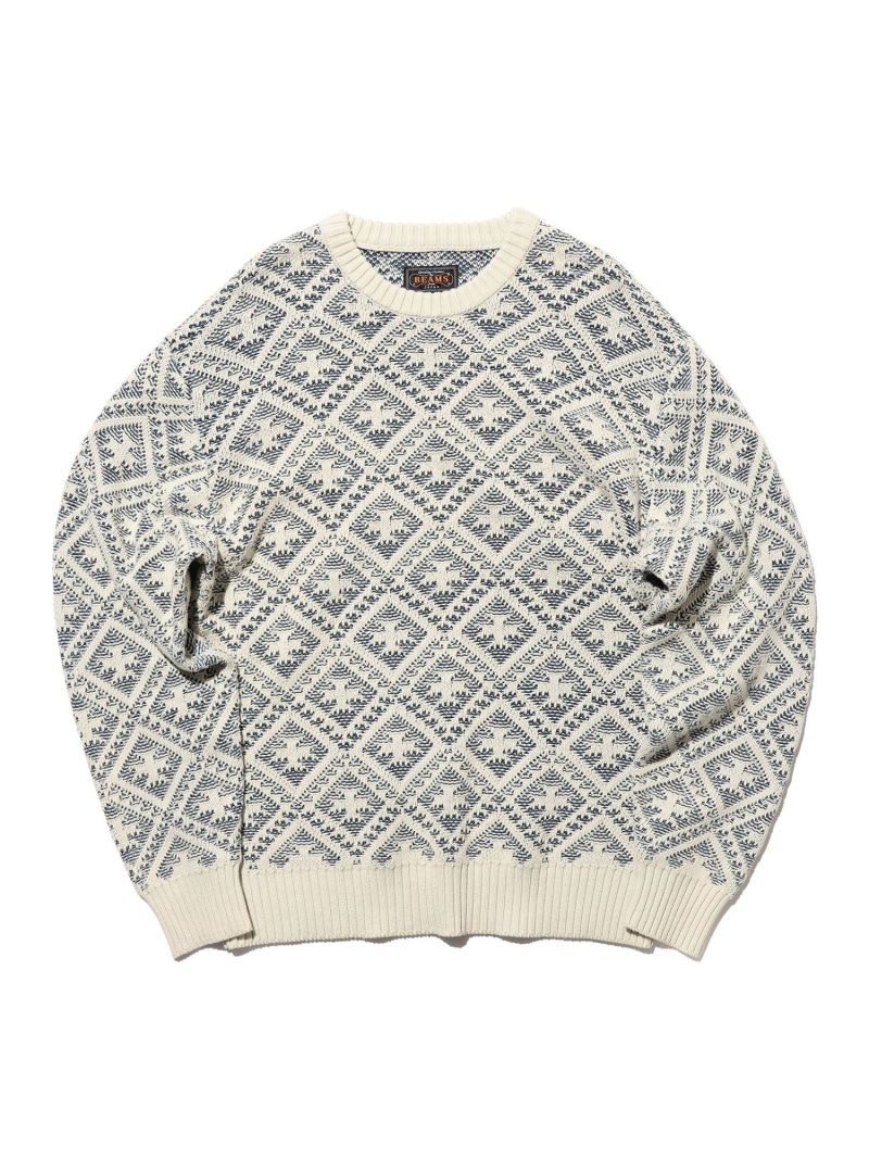 BEAMS PLUS Crew Double Jacquard Indigo Yarn ビームス メン トップス ニット ホワイト【送料無料】