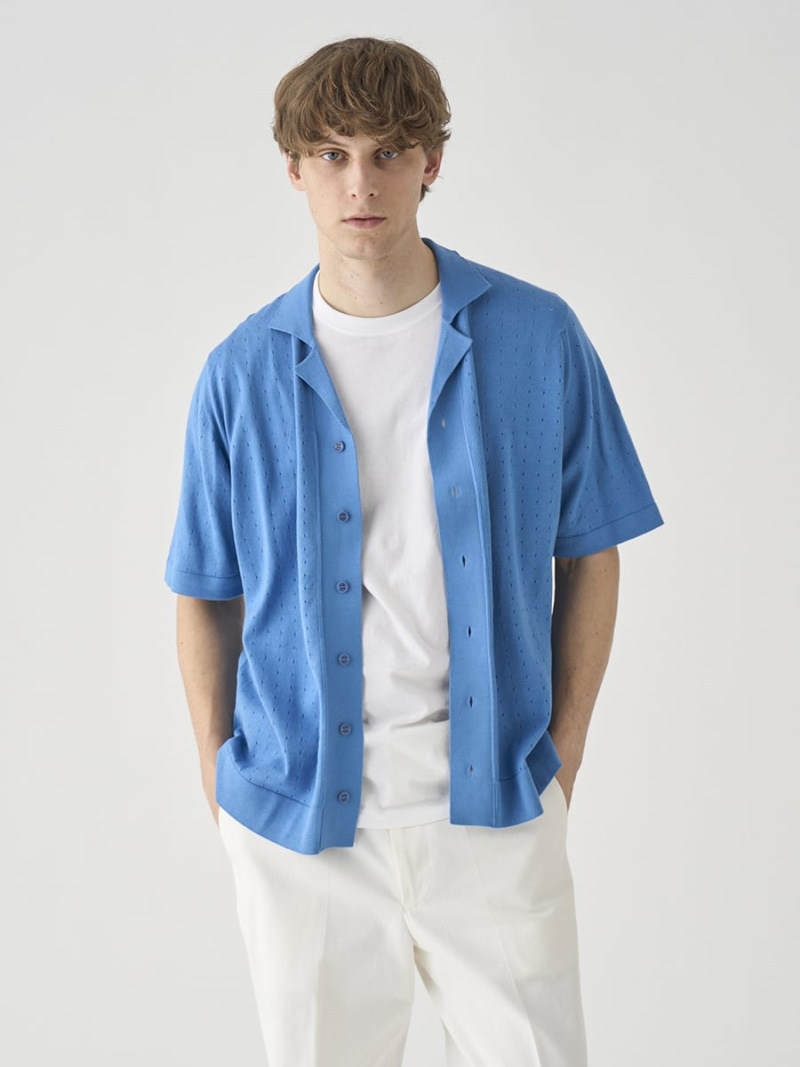 【SALE／40%OFF】JOHN SMEDLEY 綿織物 はと目柄ニットポロカーディガン ｜ ROWARTH ｜ 24G EASY FIT ジョンスメドレー トップス 編み物 青味【RBA_E】【貨物輸送無料】