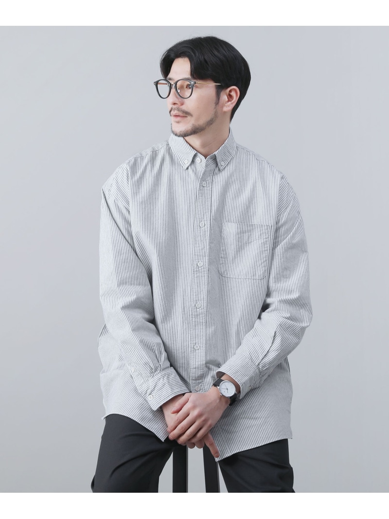Upscape Audience 日本製播州織オックスフォードストライプボタンダウンボクシーAライン長袖シャツ カジュアル トップス シャツ・ブラウス ブルー ブラック ネイビー【送料無料】