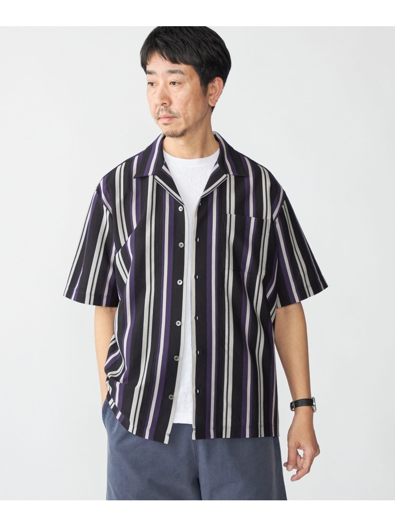 【SALE／50%OFF】SHIPS MEN SHIPS: ハニカム ストライプ ショートスリーブ オープンカラー シャツ シップス トップス シャツ・ブラウス ブラック ベージュ グリーン【RBA_E】【送料無料】
