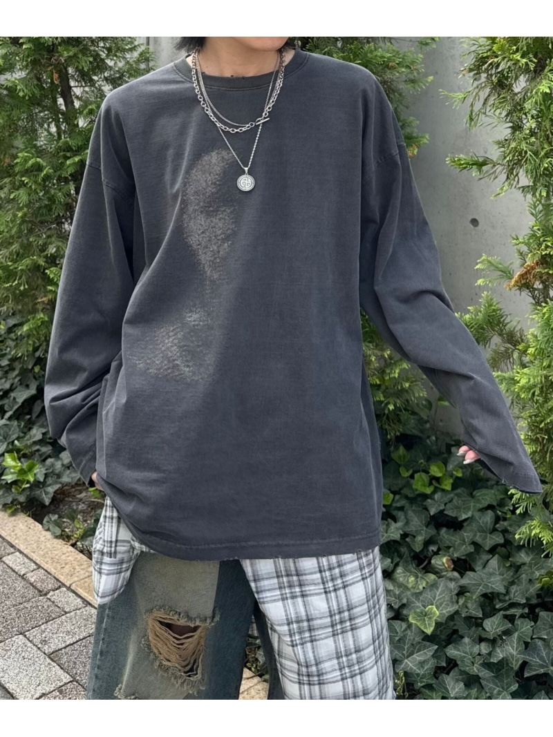 Chikashitsu + 【Chikashitsu +】oversized shadow print damage long sleeve オーバーサイズ ロンT ネバーマインドザエックスユー／チカシツプラス トップス カットソー・Tシャツ ブラック カーキグリーン【送料無料】