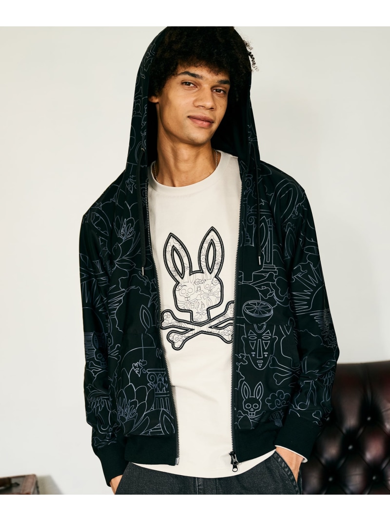 Psycho Bunny サイケデリック総柄 ストレッチフルジップパーカー サイコバニー トップス パーカー・フーディー ブラック【送料無料】