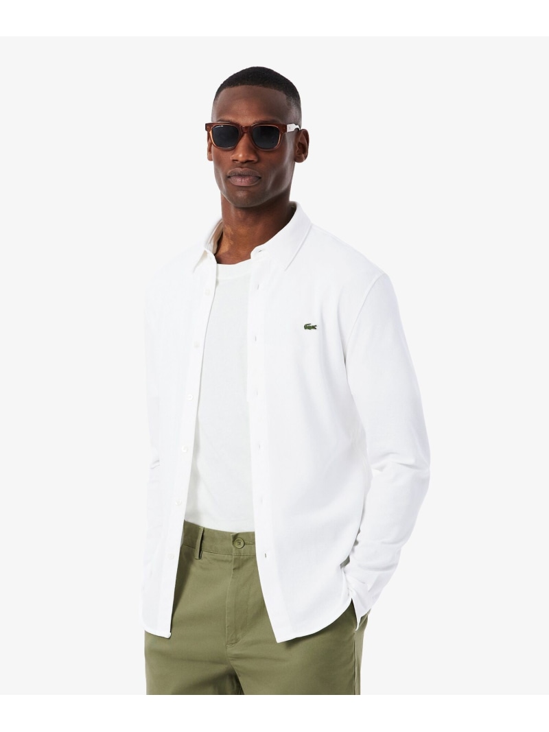 LACOSTE スリムフィット オーガニックコットン鹿の子地長袖シャツ ラコステ トップス シャツ・ブラウス ネイビー ホワイト【送料無料】