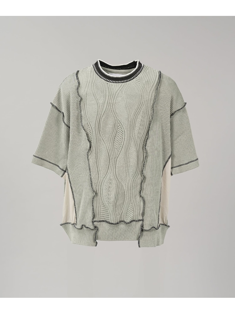 MAISON SPECIAL Mixed Materials Docking Prime-Over Lettuce-edge Knit T-shirt メゾンスペシャル トップス カットソー・Tシャツ ブラック ベージュ【送料無料】｜ Fashion Men