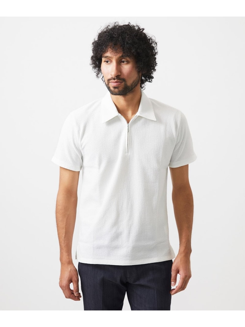 MICHEL KLEIN HOMME 《日本製》モザイク柄ジップアップポロシャツ ミッシェルクランオム トップス カットソー・Tシャツ ホワイト ブラック【送料無料】