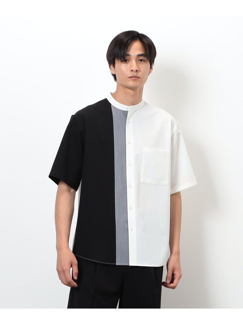 COMME CA ISM ウールライク バンドカラー ブロッキング半袖シャツ コムサイズム トップス シャツ・ブラウス ブラック ホワイト【送料無料】