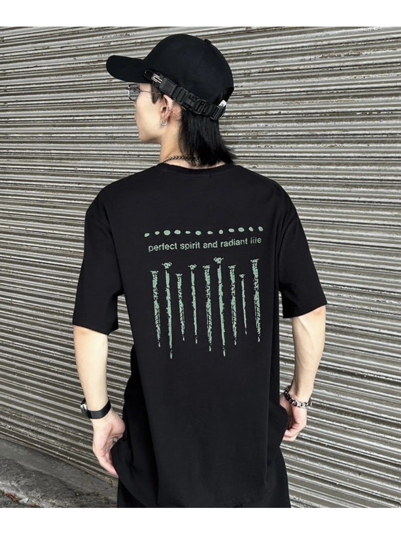Chikashitsu + 【Chikashitsu +】nail back print t-shirt ネバーマインドザエックスユー／チカシツプラス トップス カットソー・Tシャツ ブラック グレー【送料無料】