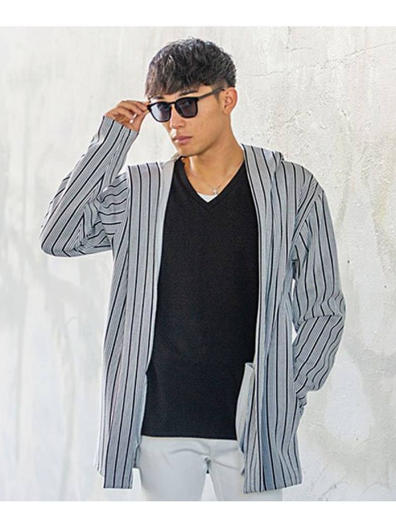 【SALE／5%OFF】CavariA CavariA フード付きストライプカーディガン シルバーバレット トップス カーディガン ブラック【RBA_E】【送料無料】
