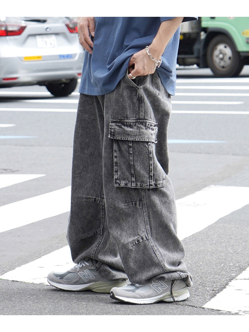 ILLS ILLS/(M)ヴィンテージレトロライク ワイドカーゴ デニムパンツ コンファーム パンツ カーゴパンツ ブラック ブルー ネイビー【送料無料】