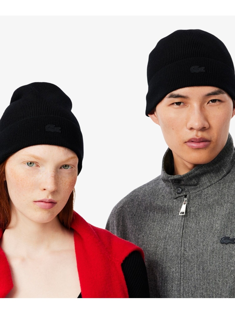 LACOSTE メリノウールリブニットビーニー ラコステ 帽子 ニット帽・ビーニー ベージュ ブラック【送料無料】