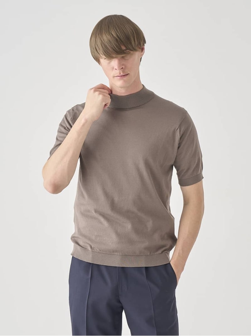 JOHN SMEDLEY モックネック半袖コットンニット Tシャツ ｜ ARBER ｜ 30G MODERN FIT ジョンスメドレー トップス ニット ベージュ【送料無料】