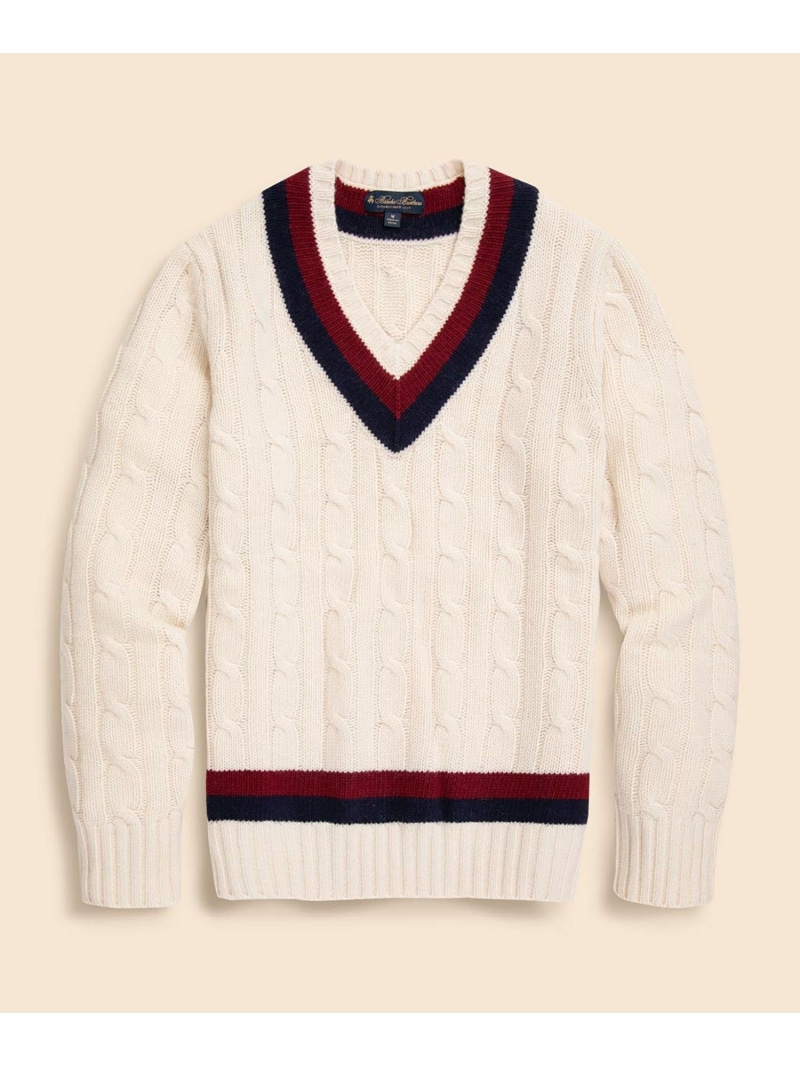 【SALE／35%OFF】BROOKS BROTHERS 羊毛 有線テレビ Vネックテニスセーター ブルックス ブラザーズ トップス 編み物 白いこと【RBA_E】【貨物輸送無料】