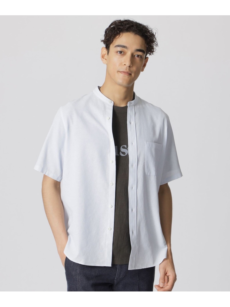【SALE／21%OFF】Paul Stuart 麻混モシャ バンドカラーシャツ(半袖) ポール・スチュアート トップス シャツ・ブラウス ネイビー ホワイト【RBA_E】【送料無料】 15,048円