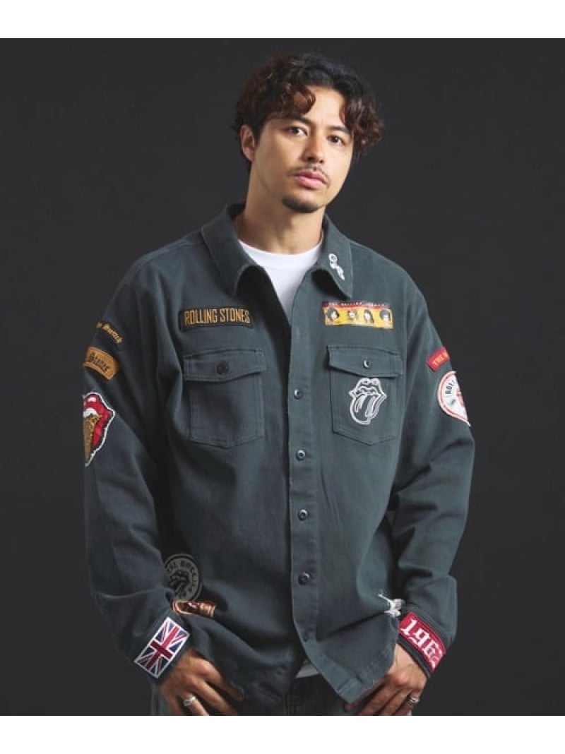 The Rolling Stones 【The Rolling Stones×JACKROSE】 Lips\u0026Tongue カットオフワッペンシャツJKT(MENS) 万力さくら色 トップス プルオーバー・トップ 黒いこと 青碧 カーキ緑であること【貨物輸送無料】