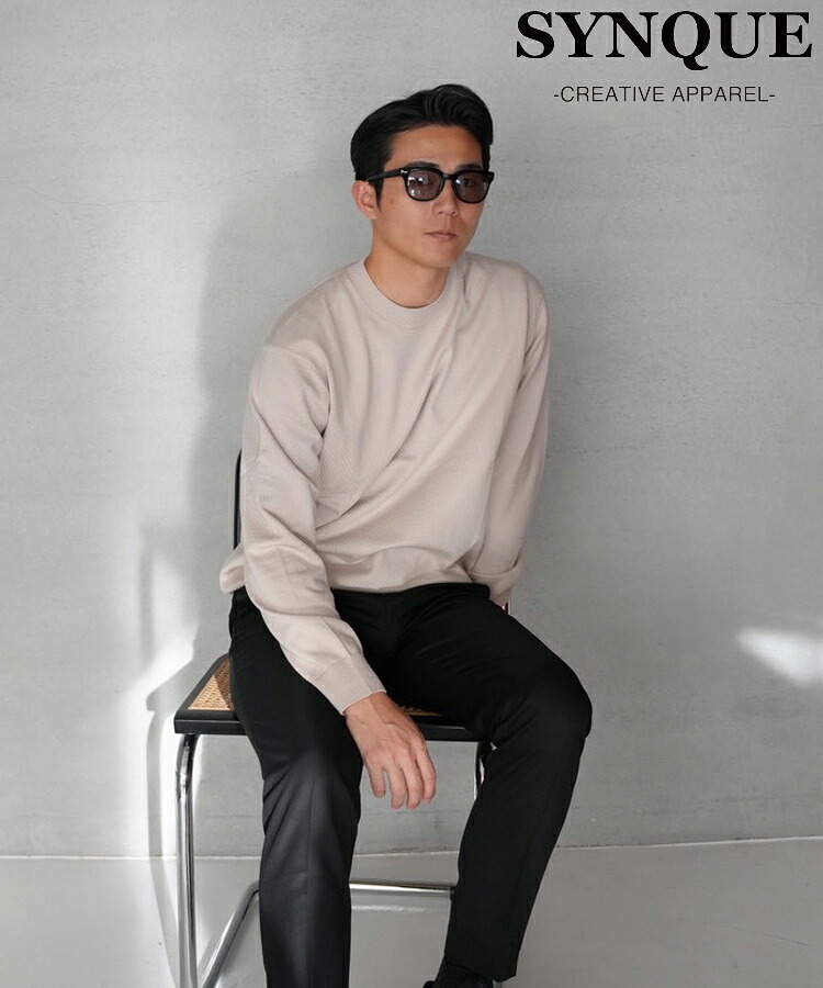 【対象商品60%OFFクーポン】SYNQUE シンク メンズ ニット Crew neck knit サンド ダークグリーン ブラウン ネイビー セーター クルーネック シンプル モード カジュアル