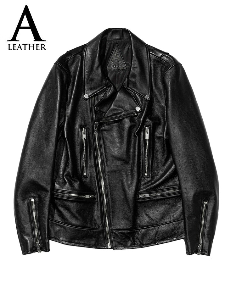【30%OFFクーポン対象商品】A LEATHER エーレザー ジャケット メンズ MOTO JACKET ブラックスムース AMJ2401 アウター レザー 革 牛革 レーサージャケット ダブル ライダース 革ジャン フロントジップ 国産 Y｜STYLISE（スタイライズ）