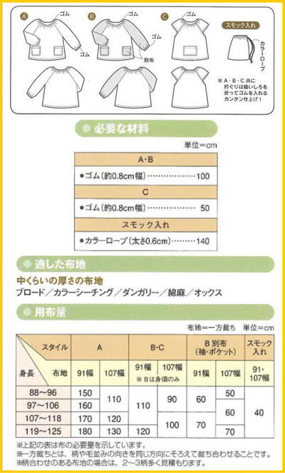 楽天市場 ソーイングパターン 園児スモック スモック入れつき こども男女 身長 125cm 子供 型紙 フィットパターン サンパターン アットホビー スタイリストゴトウ