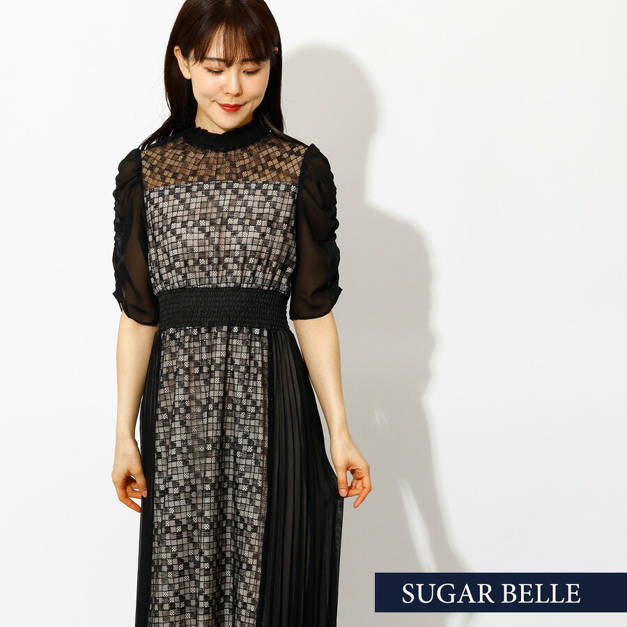 パーティードレスワンピースドレス結婚式二次会｜チェック柄シフォンドレス(ブラック)Mサイズ