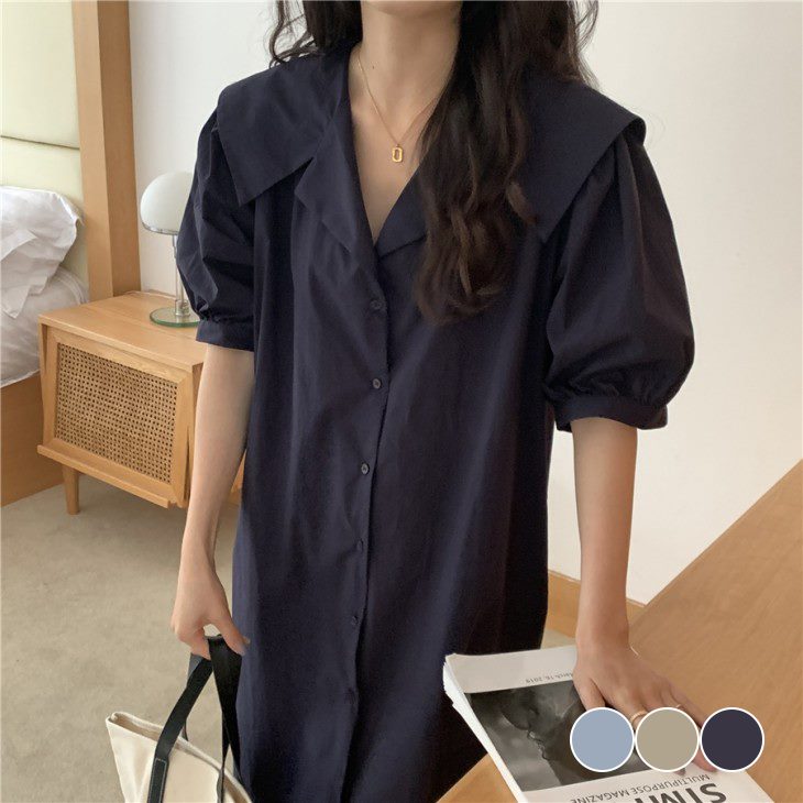 楽天市場 シャツワンピース レディース ロングワンピース マキシワンピース セーラー襟 半袖 夏 韓国服 可愛い 7 Gt2 予約販売 15 日 送料無料 メ込2 Sugar Bisket