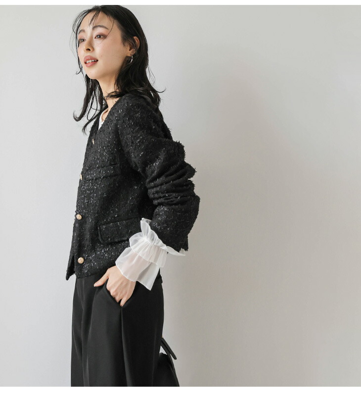 人気完売品✨美品 ソブ ロービングツイードジャケット 芸能人着用 金ボタン 緑 ノーカラー 金釦ツイード ミドルジャケット（ノーカラー