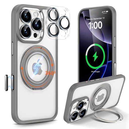 「360度回転リングスタンド付き・着脱式カメラカバー・手触りDonocaoiPhone16Pro用ケースMagSafe対応Aiカメラコントロールカバー付きマット半透明汚れ防止指紋防止キラキラCD加工レンズ保護シ…