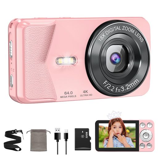 QZTCAMERAデジカメ4Kデジタルカメラ小型カメラ6400万画素Type-Cケーブルでスマホ連動タイムプラス録画機能2.8インチ大画面オートフォーカス18倍デジタルズームセルフタイマーループ録画LEDラ…