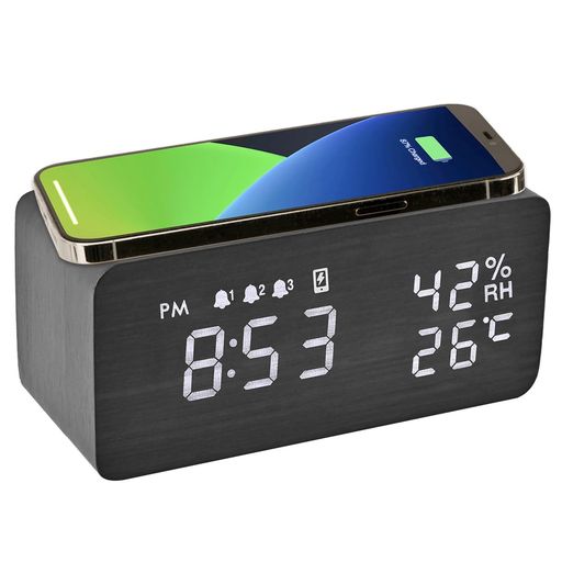 Electime目覚まし時計置き時計おしゃれスマホ充電デジタル多機能木目充電led時計アナログQiワイヤレス温度/湿度/アラーム自動輝度調節自動調光おしゃれUSB給電アラームクロック技適/Qi認証…