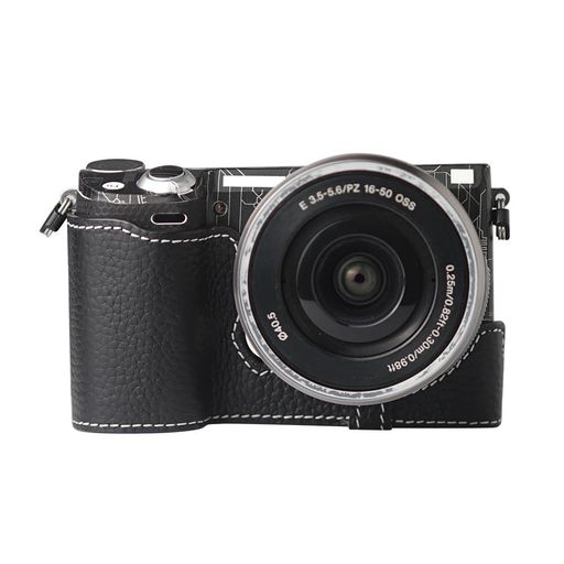 NEX-5/5R専用レトロな本革(牛革)手作りのハーフケースカメラ保護カバー適用SonyAlphaNEX-5/5Rコンパクト設計三脚取り付け可能キズ摩耗防止(Black)
