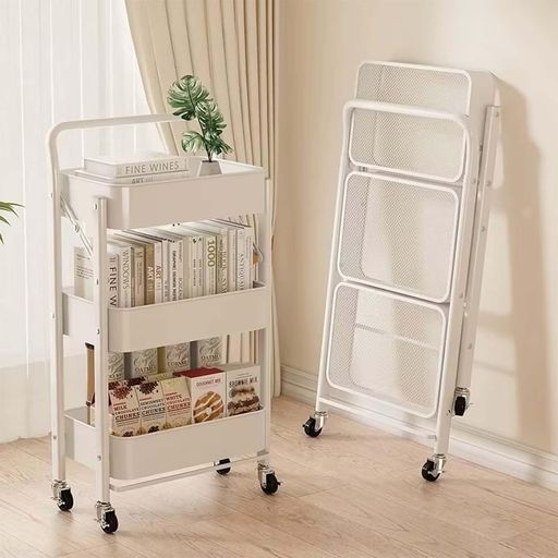[JIMSHUINIO]キッチンワゴン3段組立不要折り畳み式スチールラック幅46x奥行29.5x高さ87cm3段ワゴンハンドルキッチンラックバスケットトローリーバスケットラックキャスター付き隙間収納収納…