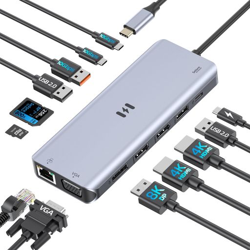 USB C ドッキングステーション 4画面対応 13-in-1ドック USB CデュアルHDMI 8K DisplayPort VGA RJ45 SD/Micro SD USB A&C 3.1 10Gbps PD 100W 2 HDMI HUB HP|シュガーライトSTORE