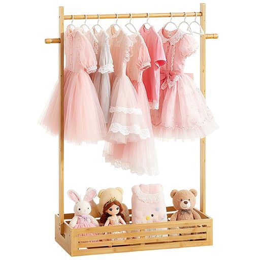 キッズハンガーラック子供用収納ボックス付き調節可能ハンガー省スペース衣類収納竹製かわいい洋服おもちゃキッズ服ベビー犬猫ペット服衣類収納洋服ラック子供部屋組み立て簡単(キ…