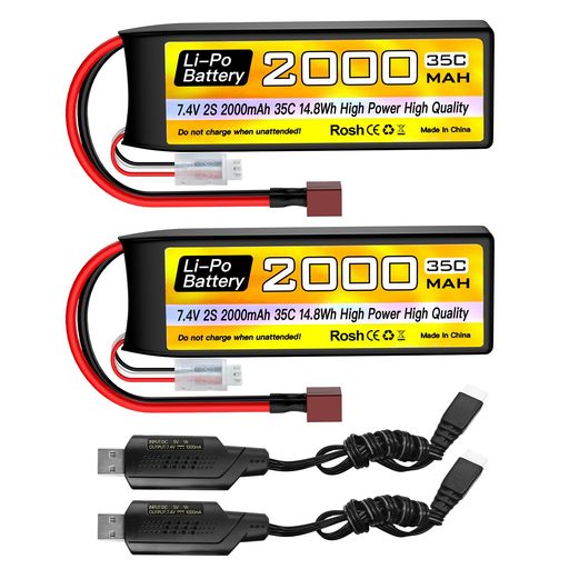 2PCS7.4V2000mAh2SLipoバッテリー35CT-plugUSB充電ケーブル付きRC車トラックRCボートRCクワッドコプターFPVドローンバッテリー